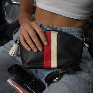 Barneys New York Black Leather Cosmetic Pouch Red White Stripe Tassel Zip Clutch